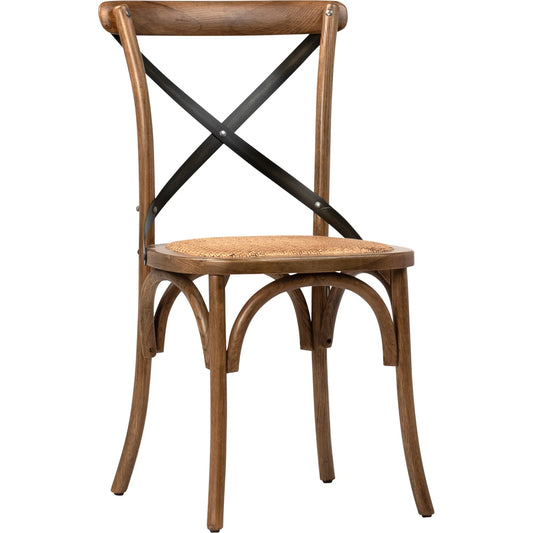Portebello Dining Chair by Arch & Plane in medium brown sealed finish. Made from solid oak wood frame, metal cross back, rattan cushion seat in a cottage & farmhouse style.