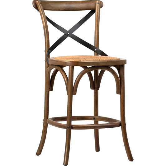Portebello Counter Stool by Arch & Plane in medium brown sealed finish. Made from solid oak, metal cross back, rattan cushion seat in a cottage & farmhouse style.