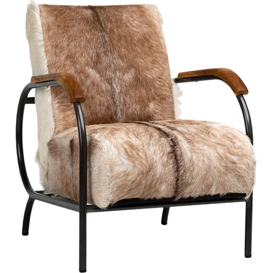Laney Occasional Chair by Arch & Plane in natural brown, white with black frame. Made from genuine goat hide with iron frame, teakwood armrests in a cottage & farmhouse style.