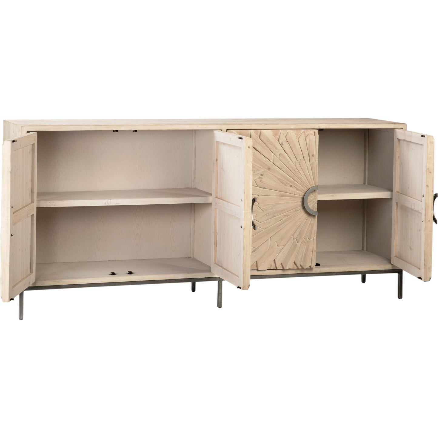 002 SI-2075302 | Additional Silo | Easton Sunburst Sideboard by Arch & Plane in light brown, white, natural and whitewash, antique iron finish. Made from reclaimed pine wood, iron in a modern style.