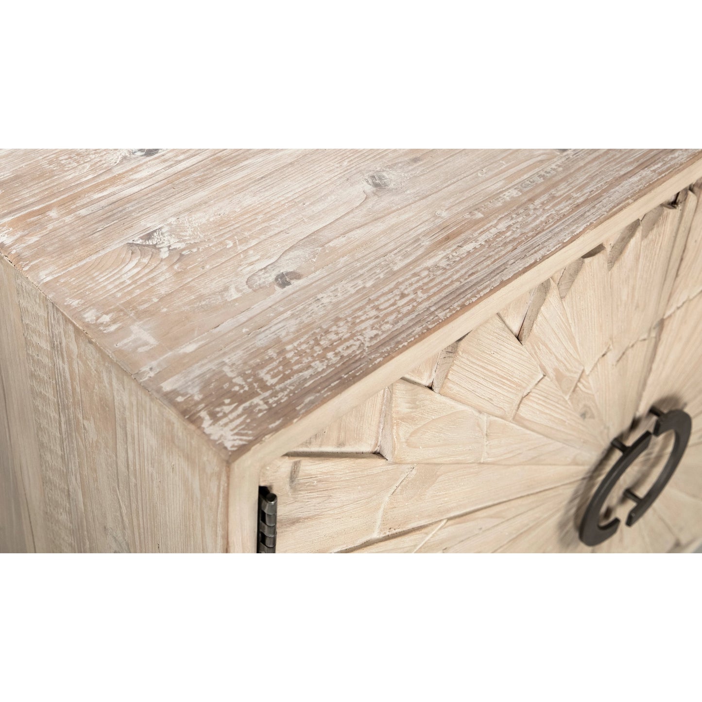 003 SI-2075302 | Additional Silo | Easton Sunburst Sideboard by Arch & Plane in light brown, white, natural and whitewash, antique iron finish. Made from reclaimed pine wood, iron in a modern style.