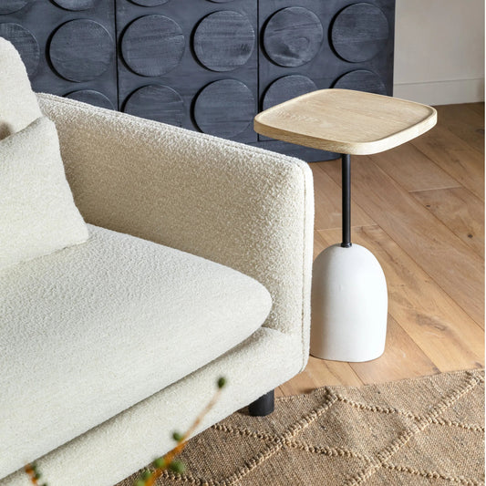 Jaiden End Table by Arch & Plane in light natural, black, off white. Made from oak wood, iron, ceramic in a transitional style.