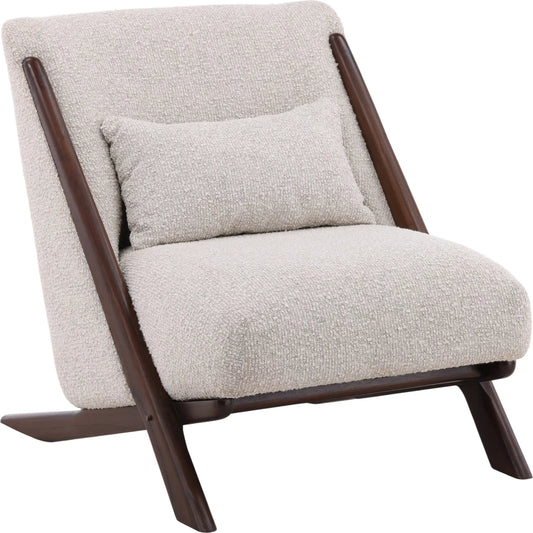 Wesson Occasional Chair by Arch & Plane in cream, brown. Made from boucle fabric, mindi wood in a modern style.