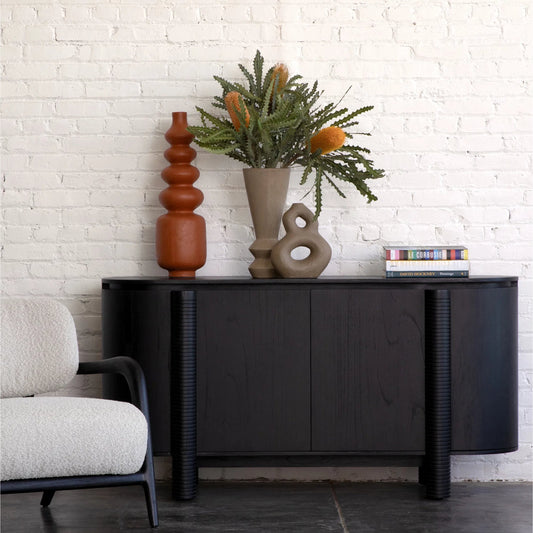Stefan Sideboard by Arch & Plane in black. Made from mindi wood veneer in a modern style.