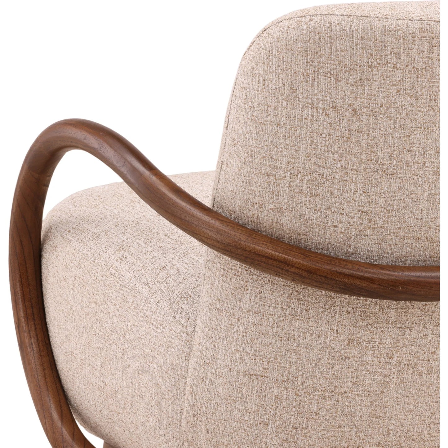 007 SI-2532776 | Closeup | Lynsey Occasional Chair by Arch & Plane in field fawn, brown. Made from tweed fabric, mindi wood in a unique style.