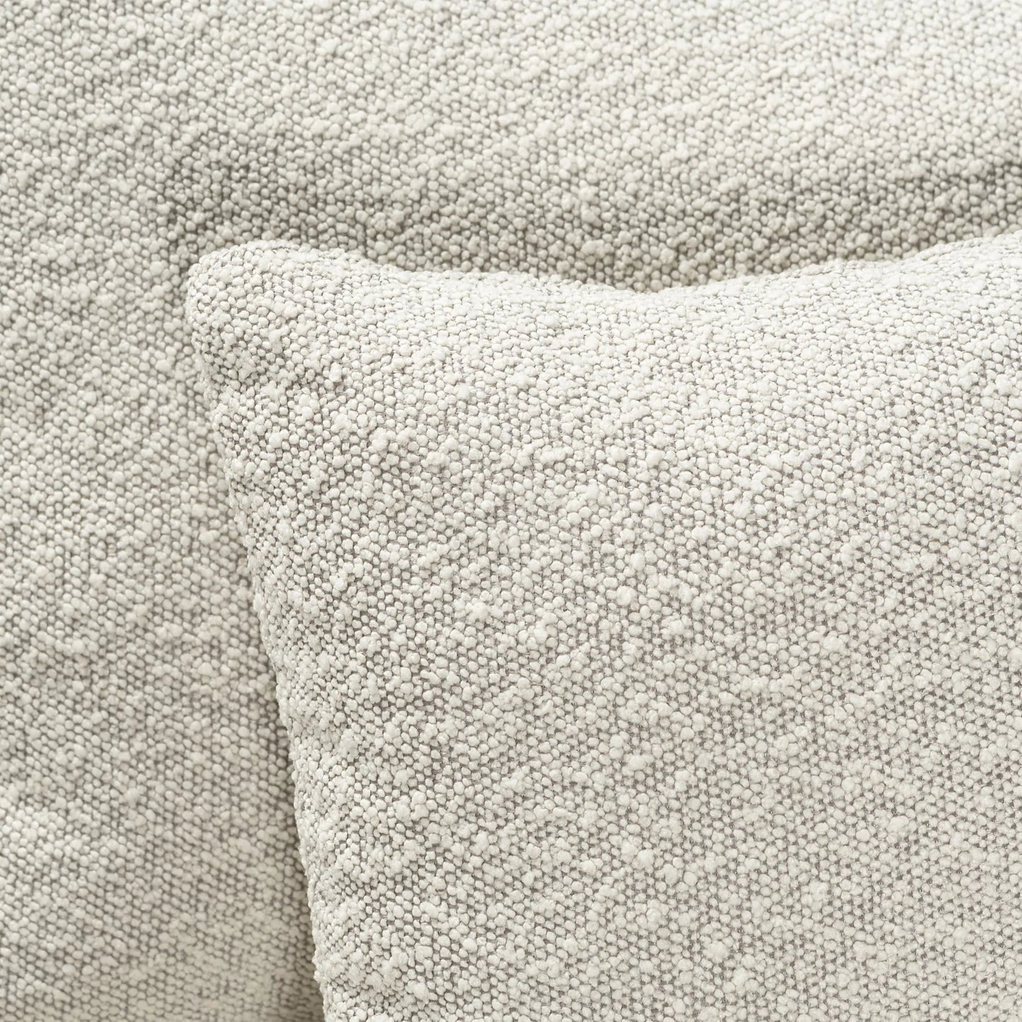 005 SI-1924331 | Closeup | Karolyn White Boucle Barrel Chair with Throw Pillows by Arch & Plane in white, matte black and fabric. Made from boucle in a modern style.