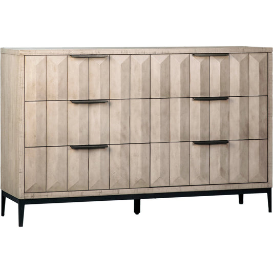 Knightley Carved Reclaimed Wood Dresser by Arch & Plane in grey, brown and light grey wash seal finish, antique gunmetal finish. Made from pine wood, veneer, metal in a modern style.