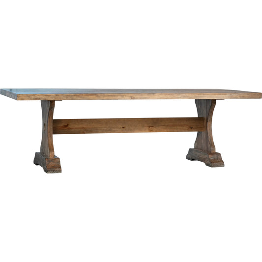 Antique Inspired Church Pew Reclaimed Pine Dining Table by Arch & Plane in antique brown. Made from reclaimed pine wood in a traditional style.