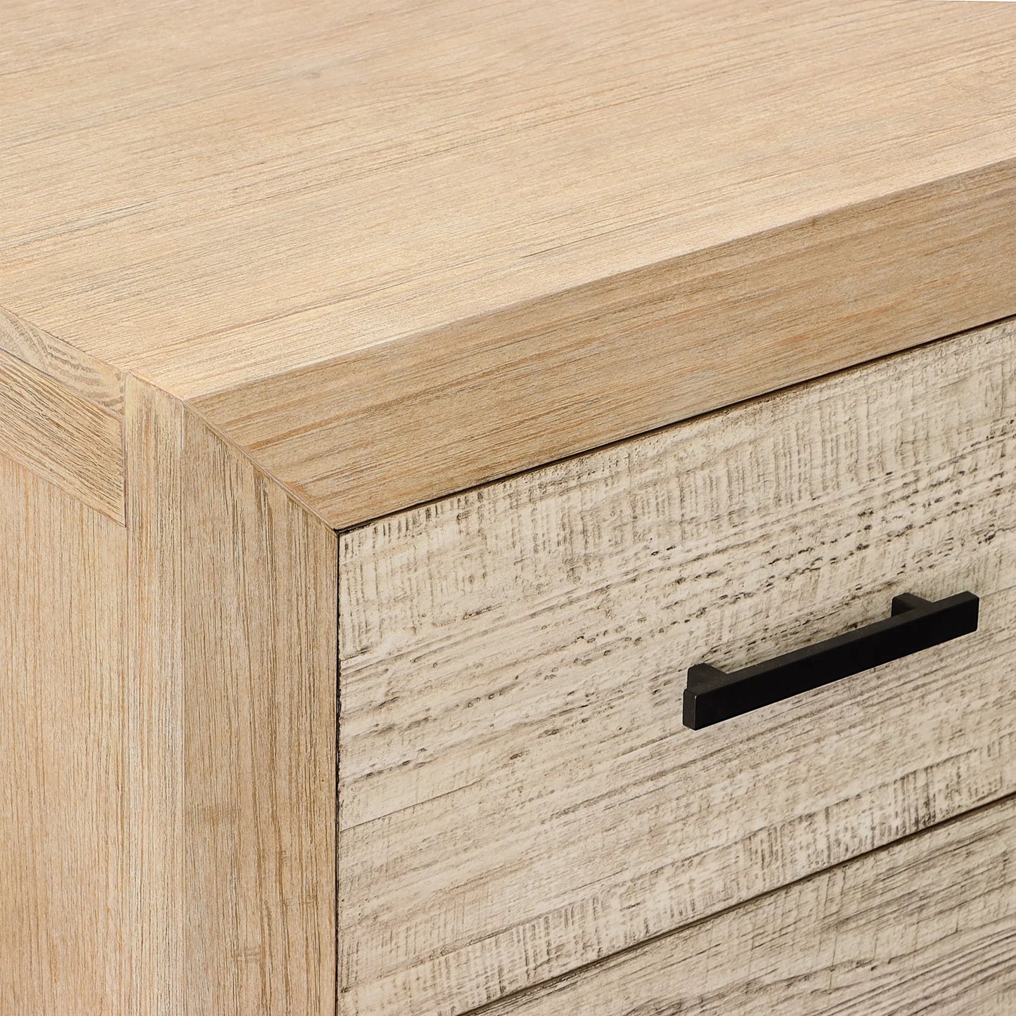 007 SI-2350597 | Closeup | Tyrone Double Drawer Nightstand by Arch & Plane in light, grey warm wash finish. Made from solid pine wood, pine veneer in a transitional style.