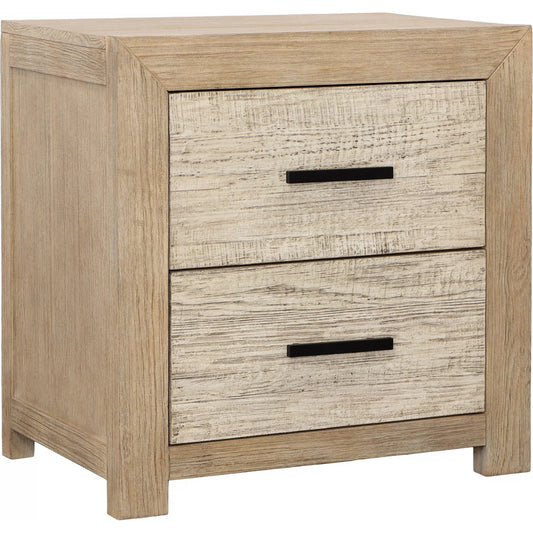 Roux Double Drawer Nightstand by Arch & Plane in light, grey warm wash finish. Made from solid pine wood, pine veneer in a transitional style.