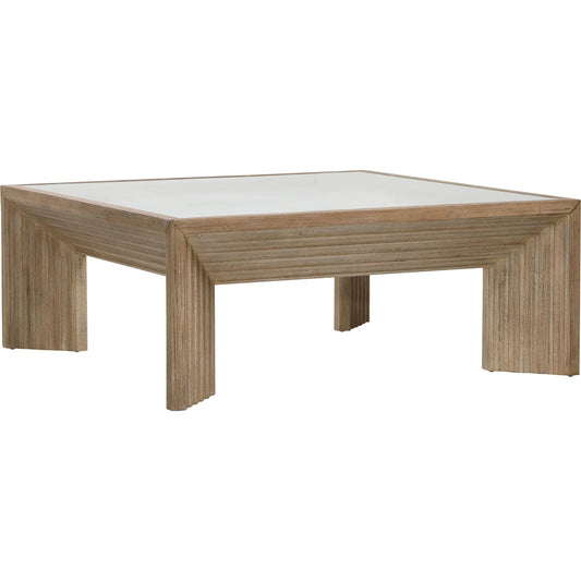 Marva Coffee Table by Arch & Plane in light warm wash finish. Made from pine wood, glass top in a transitional style.