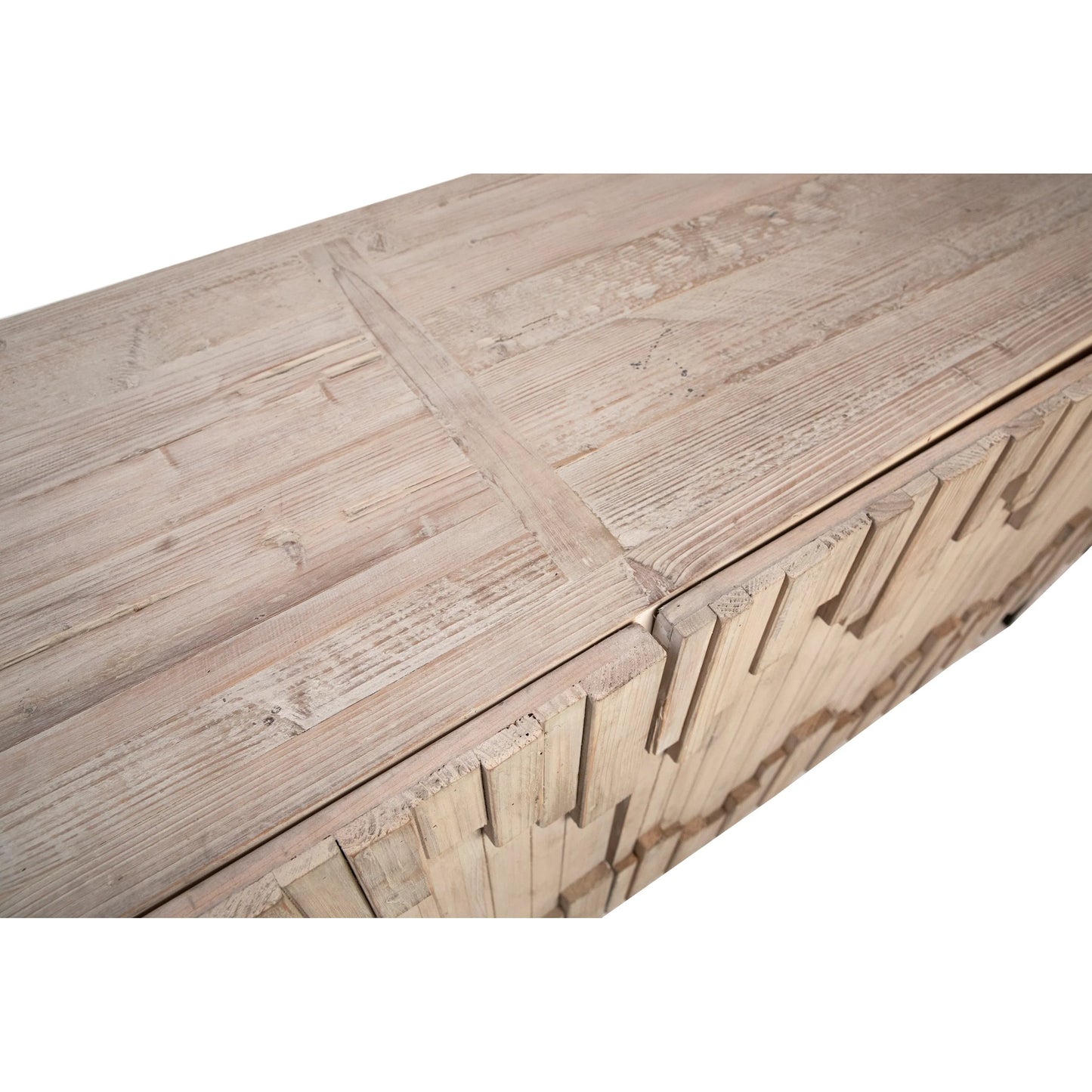 004 SI-2075342 | Closeup | Imani Hand Carved Sideboard by Arch & Plane in natural, light brown, black and light warm wash finish. Made from reclaimed pine wood, iron in a modern style.