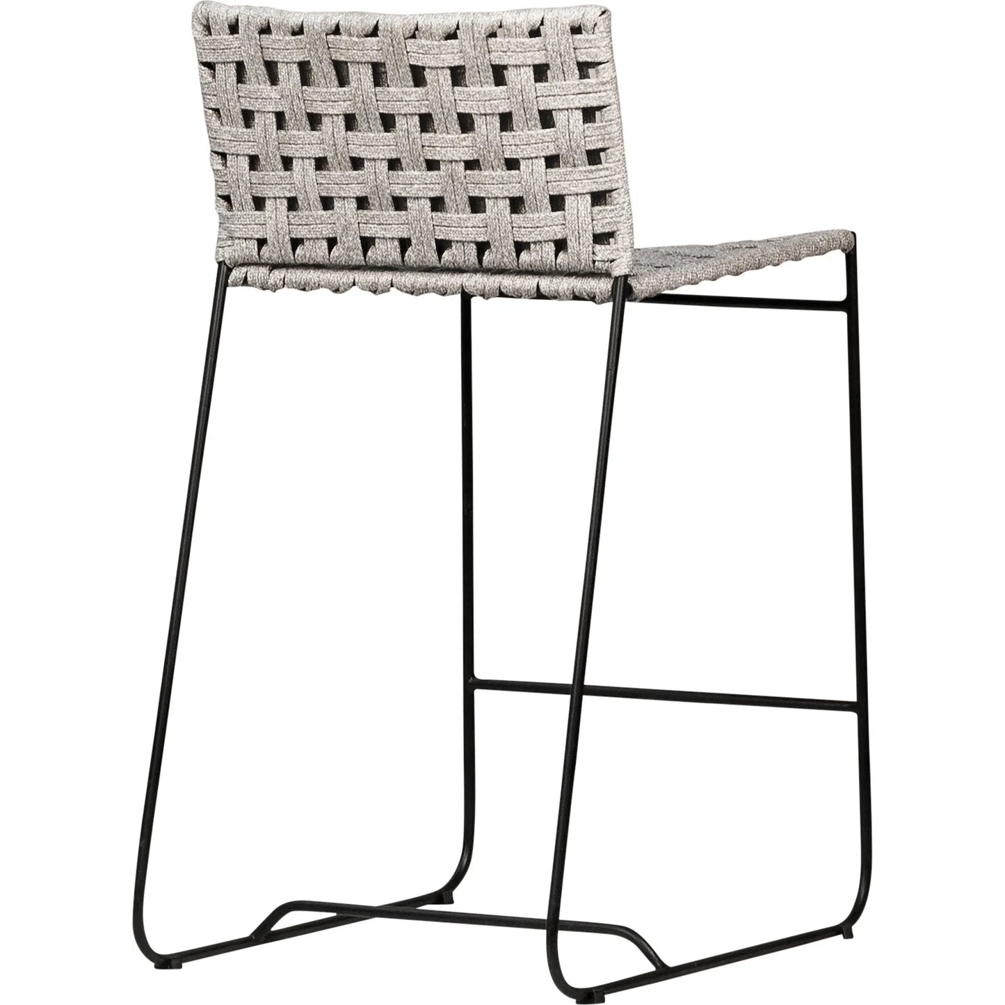 004 SI-2075445 | Unknown | Indra Indoor/Outdoor Woven Rope Counter Stool by Arch & Plane in sand, brown, cream and natural cream color rope, powder coated black finish. Made from iron, wide polyethylene flat rope in a modern style.