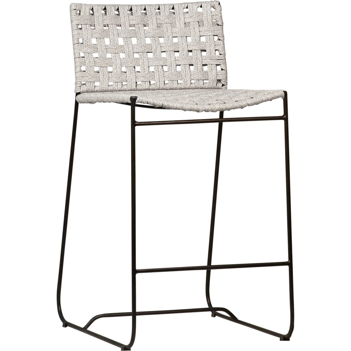001 SI-2075445 | Primary Silo | Indra Indoor/Outdoor Woven Rope Counter Stool by Arch & Plane in sand, brown, cream and natural cream color rope, powder coated black finish. Made from iron, wide polyethylene flat rope in a modern style.