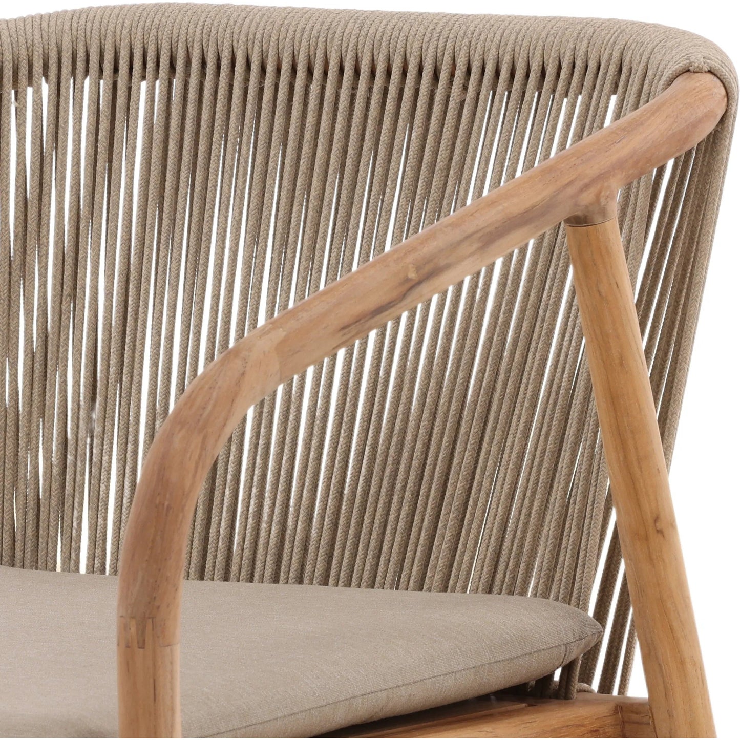 006 SI-2350630 | Closeup | Carson Outdoor Dining Chair by Arch & Plane in beige, natural. Made from synthetic rope, olefin fabric, teak wood in a transitional style.