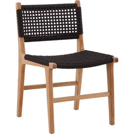 Albano Outdoor Dining Chair by Arch & Plane in natural, black. Made from teak wood, all-weather flat weave rope in a transitional style.