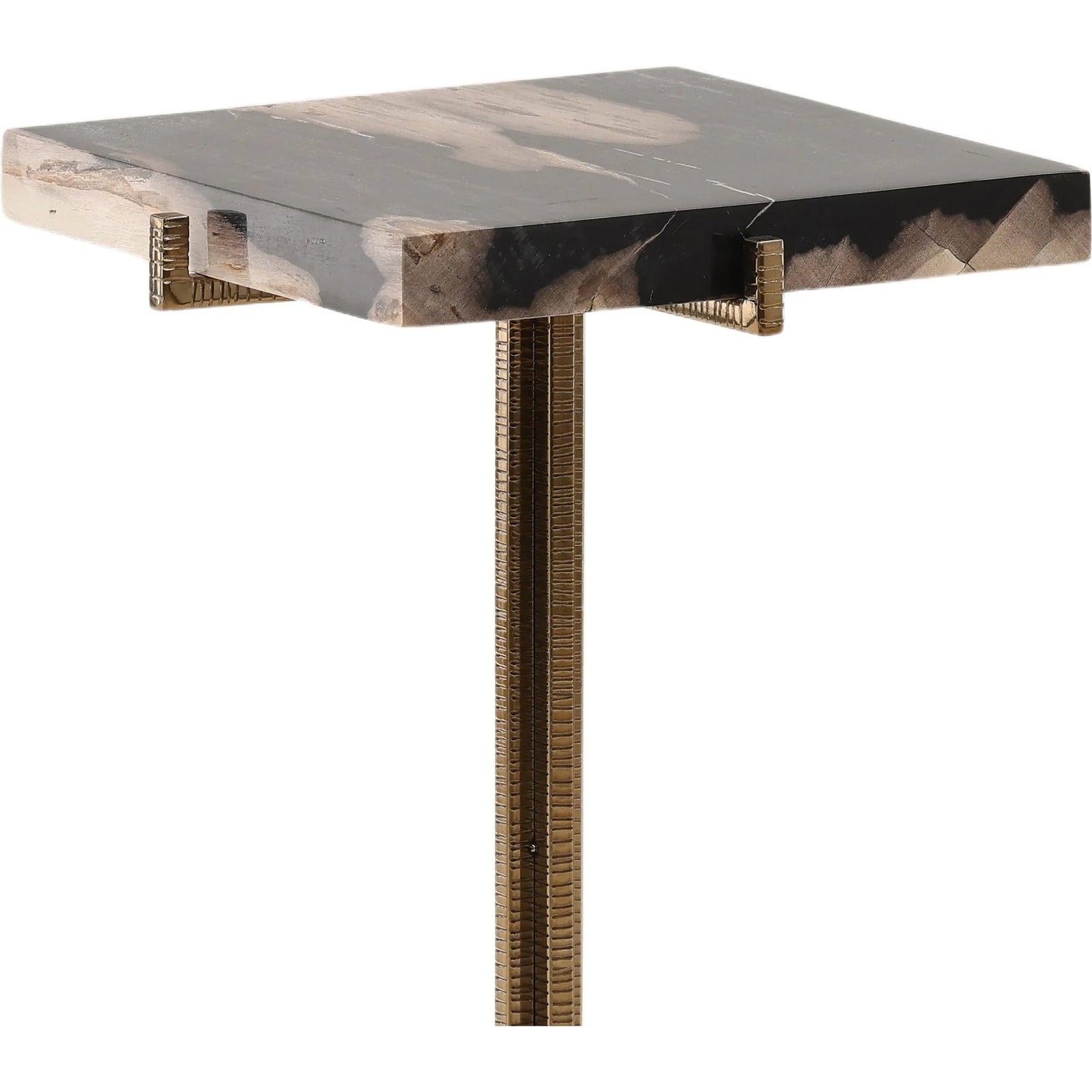 004 SI-2440549 | Closeup | Ezra Side Table by Arch & Plane in black, brass. Made from petrified wood, stainless steel in a modern style.