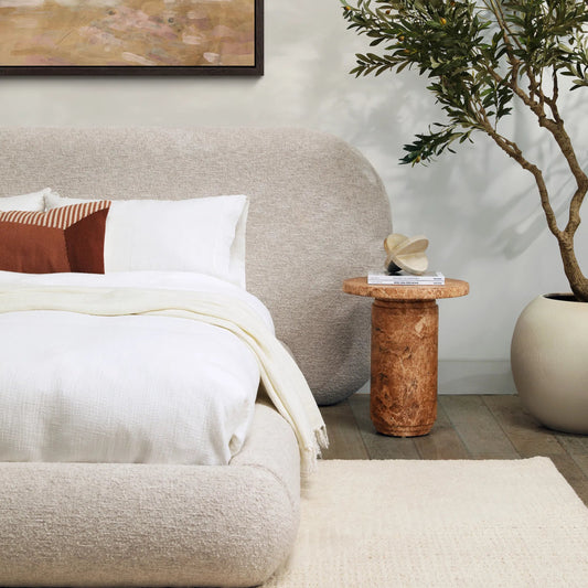 Jimenez End Table by Arch & Plane in brown. Made from lightweight concrete water transfer marble in a modern style.