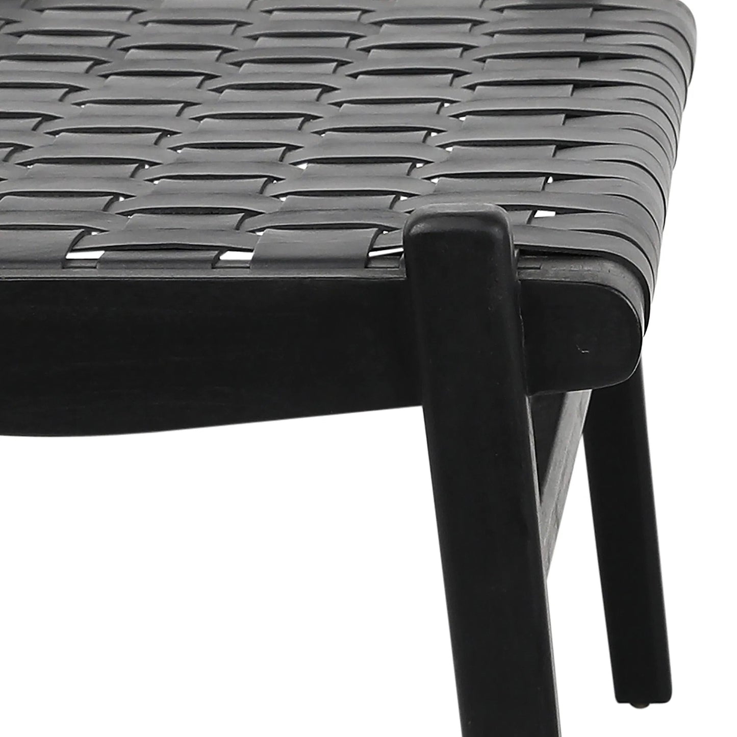 008 SI-1924448 | Closeup | Santiago Teak and Woven Leather Bench by Arch & Plane in stain. Made from full grain leather in a coastal style.