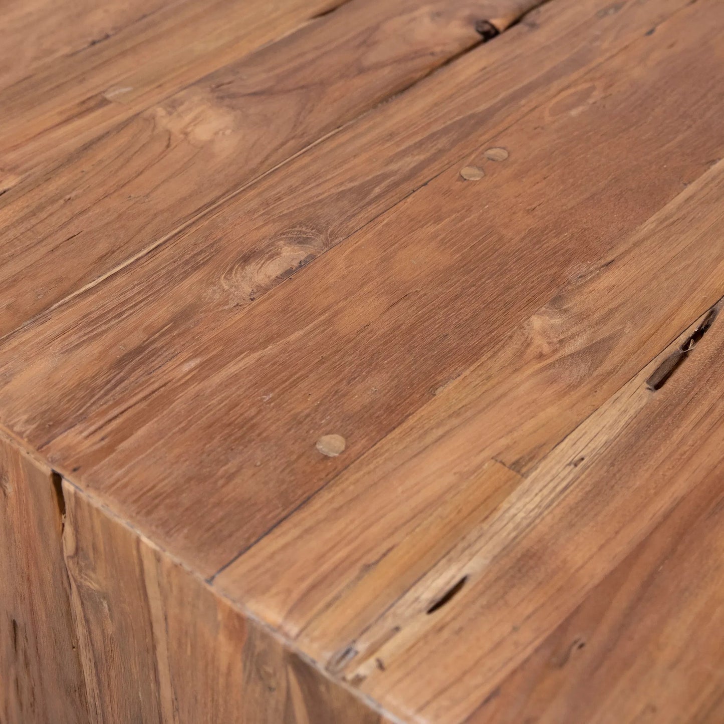 002 SI-2075282 | Closeup | Reclaimed Wood Waterfall Dining Table by Arch & Plane in natural, brown and medium brown wax sealed finish. Made from reclaimed teak wood in a modern style.