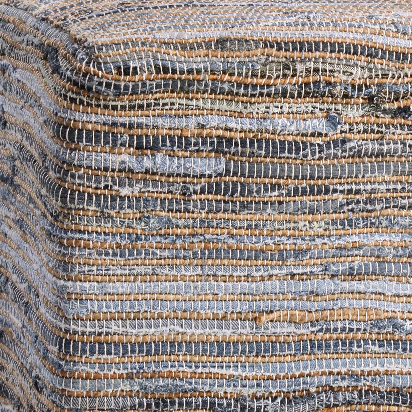002 SI-2350688 | Closeup | Pansy Ottoman by Arch & Plane in denim blue, natural jute. Made from recycled denim, jute upholstery with wood filler in a rustic style.