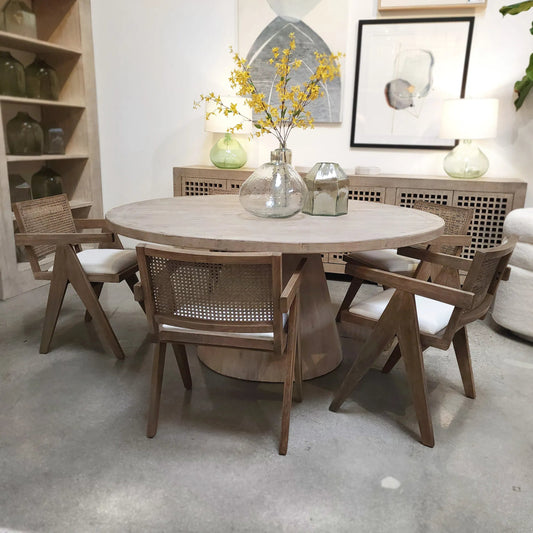 Ocampo Dining Chair by Arch & Plane in grey wash finish, white seat. Made from oak wood frame with rattan back, linen seat in a transitional style.