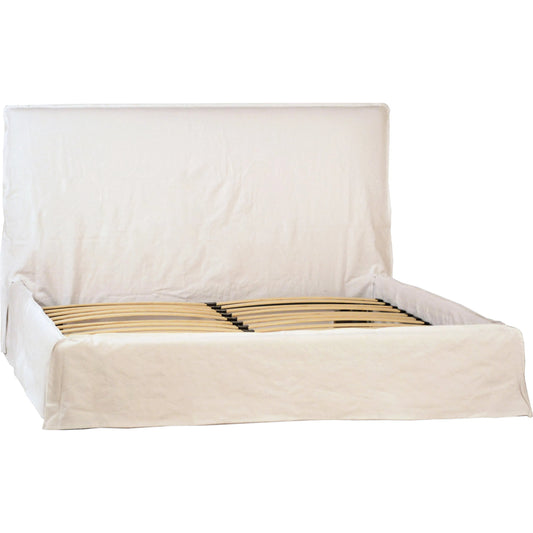 Anahi Upholstered Slipcover Platform Panel Bed in Ivory Linen by Arch & Plane in ivory. Made from linen in a modern style.