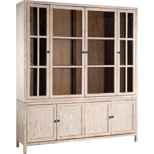 Evangeline Reclaimed Wood Cabinet by Arch & Plane in light brown, natural and light warm wash finish. Made from reclaimed pine wood, glass, iron in a modern style.