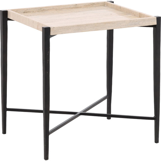 Rice End Table by Arch & Plane in natural, black. Made from travertine, iron in a transitional style.