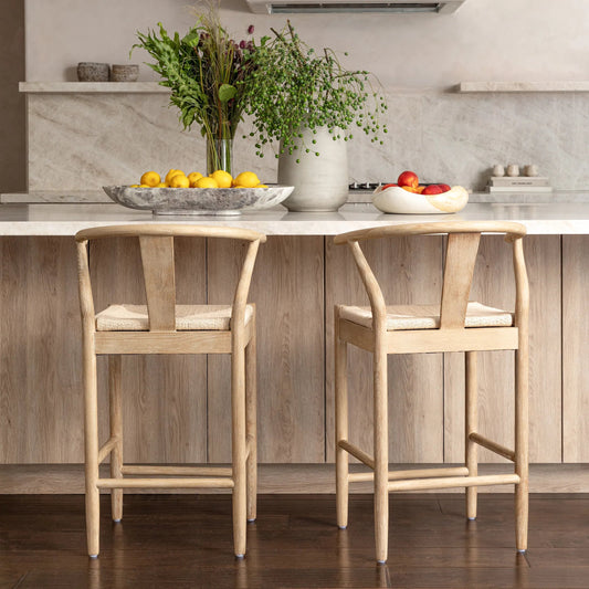 Curved Back Natural Oak Counter Stool with Woven Seat by Arch & Plane in medium brown, light brown. Made from oak in a modern style.