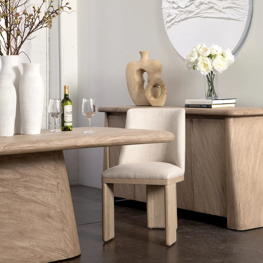 Lakisha Dining Chair by Arch & Plane in beige, light warm wash. Made from linen blend upholstery, ash wood in a transitional style.