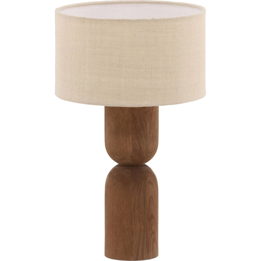 Anwen Table Lamp by Arch & Plane in medium brown, beige. Made from mango wood, jute shade in a traditional style.