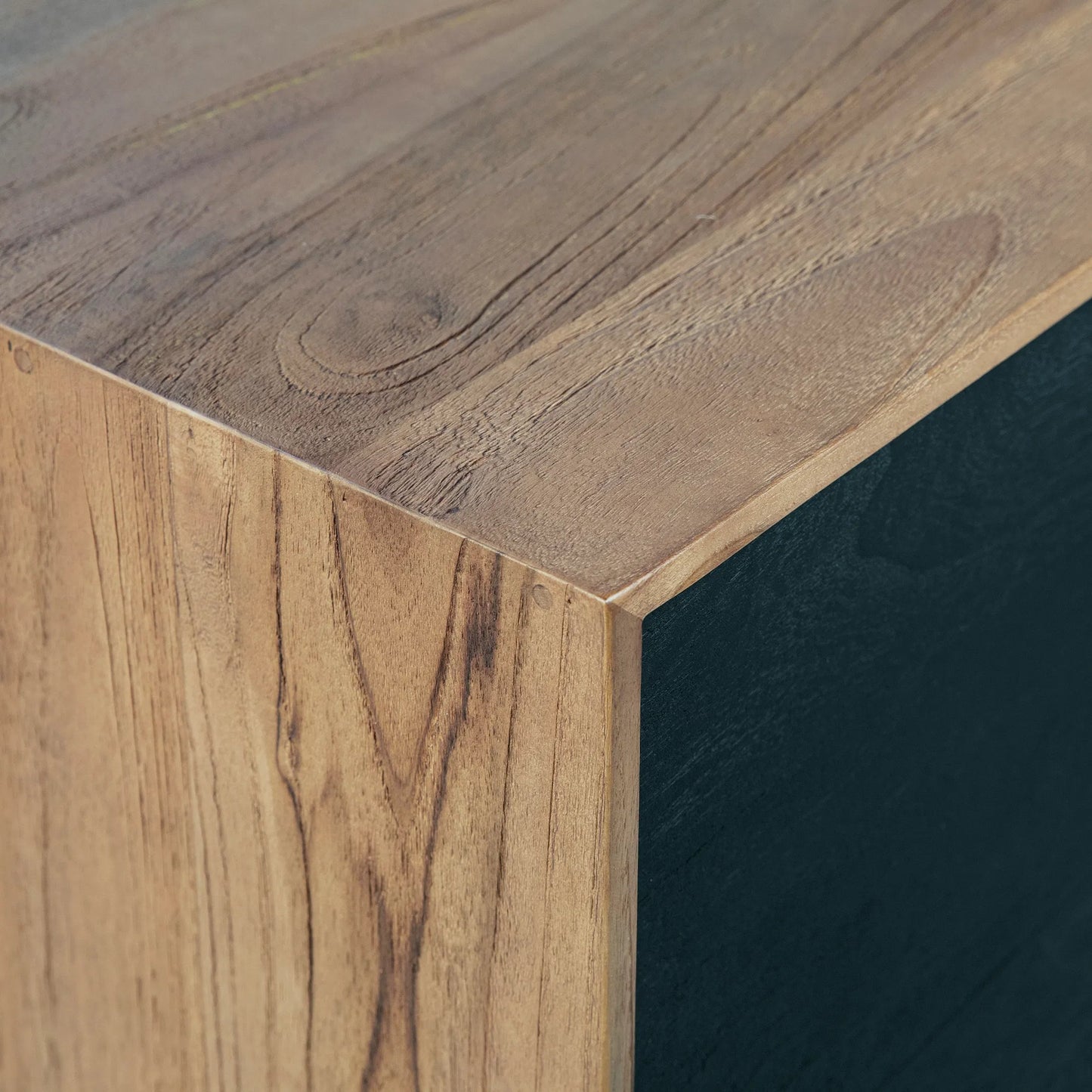 006 SI-2075398 | Closeup | Nolan Teak Sideboard by Arch & Plane in brown, black and natural teak with antique black panels, base finish. Made from teak wood, iron in a modern style.