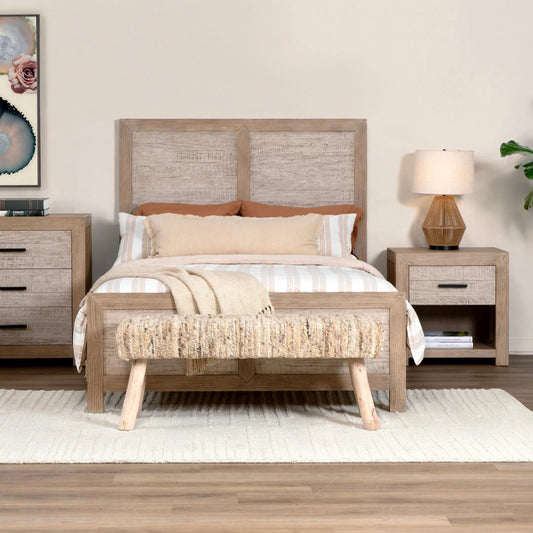 Fidel Bench by Arch & Plane in natural. Made from handwoven wool, eucalyptus wood in a rustic style.