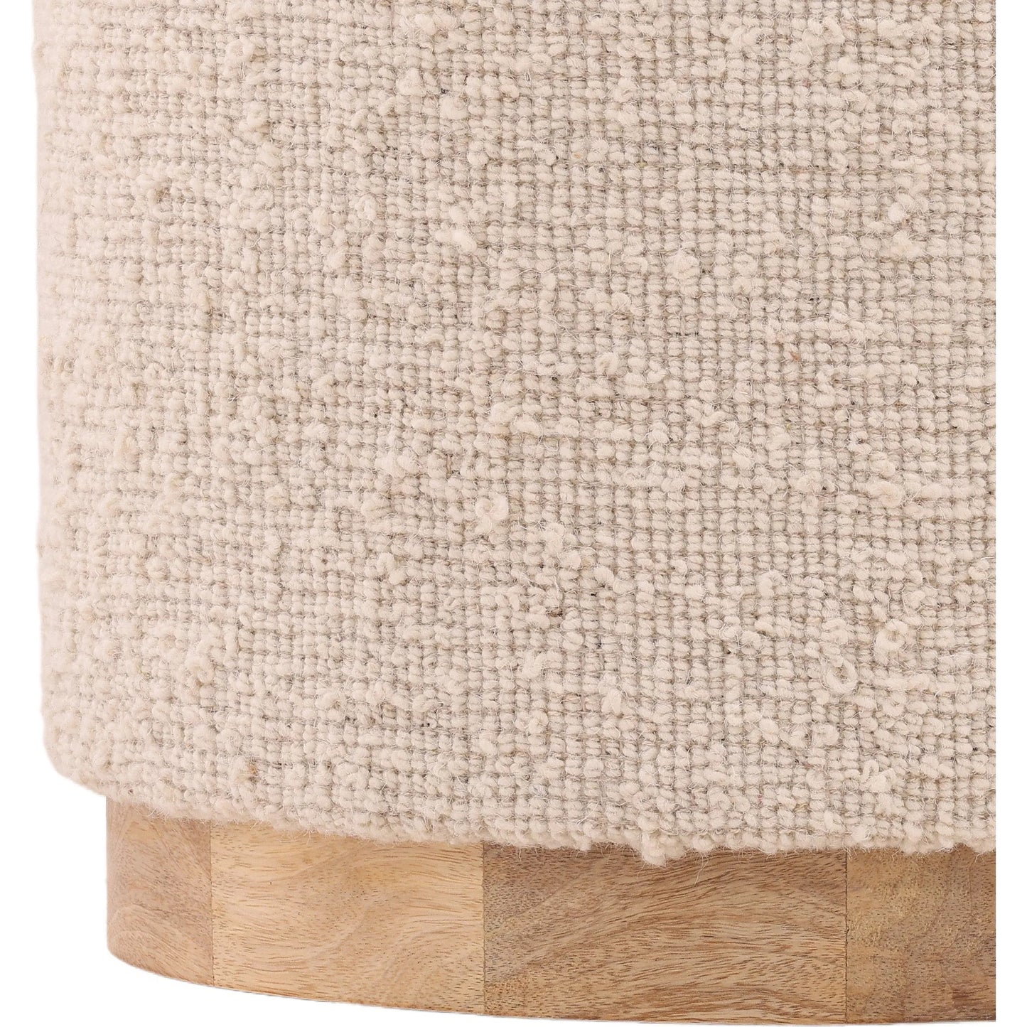003 SI-2350927 | Closeup | Madelynn Stool by Arch & Plane in ivory, natural. Made from handwoven wool blend, wood in a transitional style.