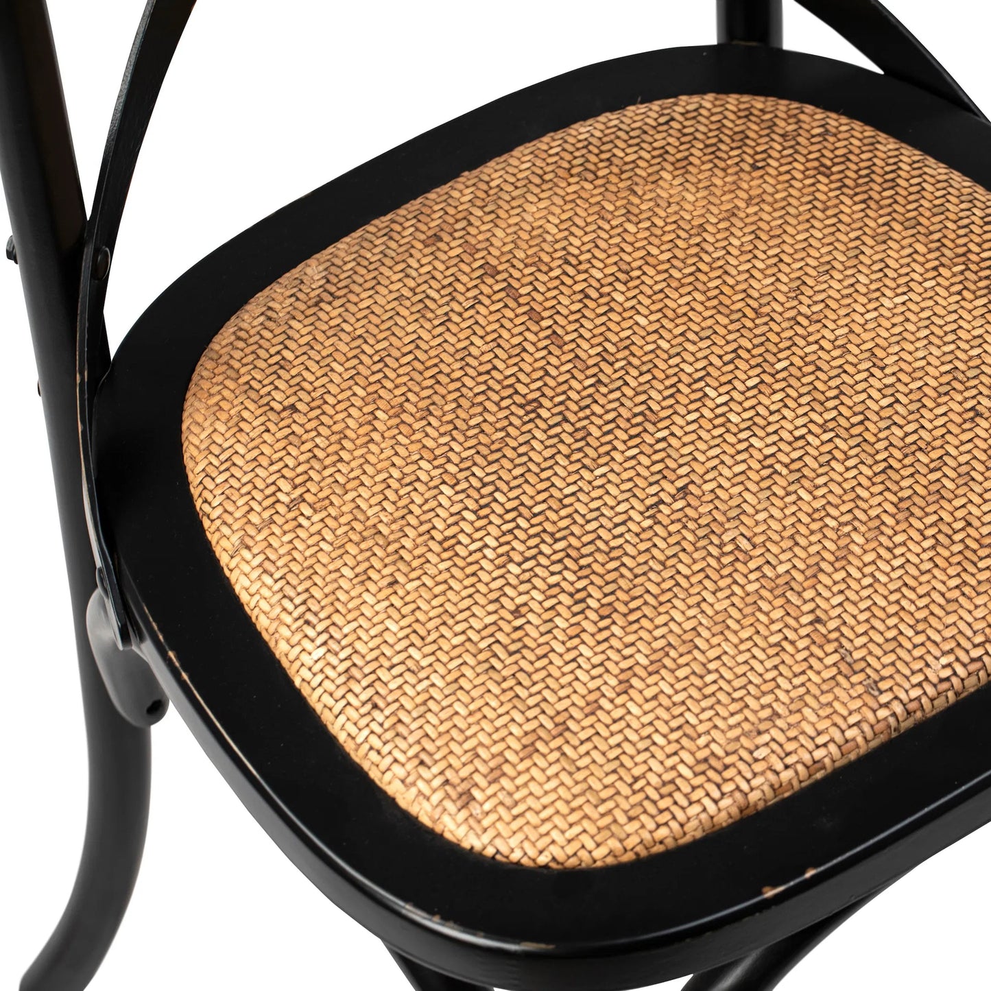 004 SI-2075426 | Closeup | Gaston Parisian Cafe Dining Chair by Arch & Plane in black, natural brown and antique black finish with rattan upholstery. Made from birch wood, rattan in a modern style.