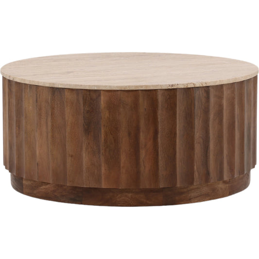 Milburn Coffee Table by Arch & Plane in natural, medium brown. Made from travertine, wood in a transitional style.
