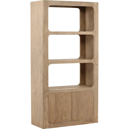 Leandra Bookcase by Arch & Plane in weathered natural. Made from acacia wood in a transitional style.