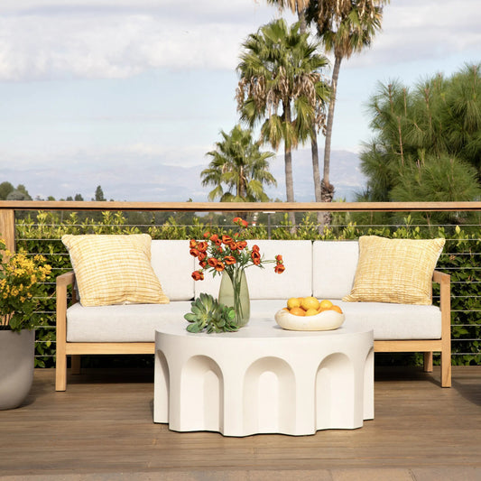 Clemens Teak Outdoor Sofa by Arch & Plane in light grey, natural teak. Made from solution, dyed acrylic upholstery, teak wood frame in a transitional style.