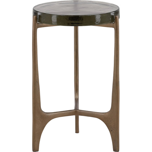 Corentin Side Table by Arch & Plane in antique brass. Made from glass, aluminum in a modern style.