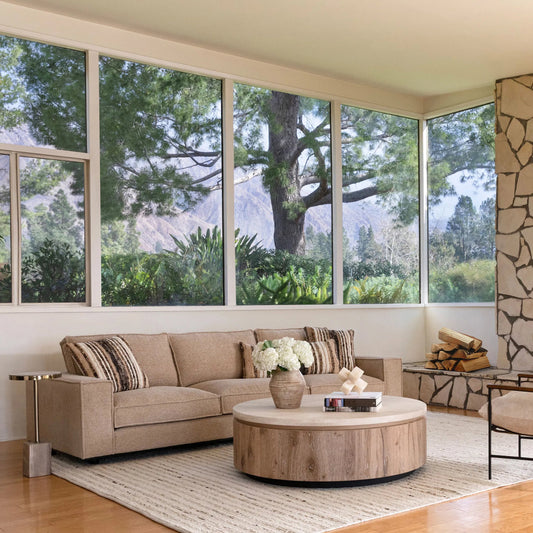 Ernie Sofa by Arch & Plane in colorado desert. Made from chunky woven chenille fabric in a transitional style.