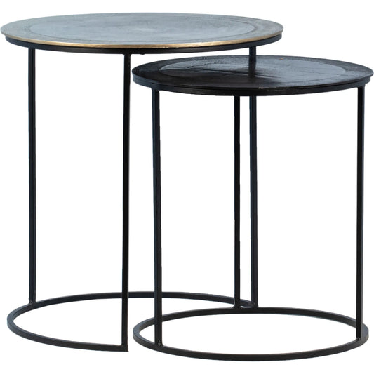 Azure Nesting Tables by Arch & Plane in black, antique brass. Made from iron base, cast aluminum tops in a modern style.