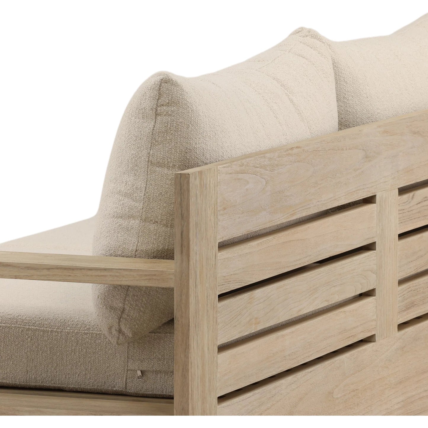007 SI-2533131 | Closeup | Cortney Outdoor Sofa by Arch & Plane in sand, grey. Made from olefin, teak wood in a unique style.