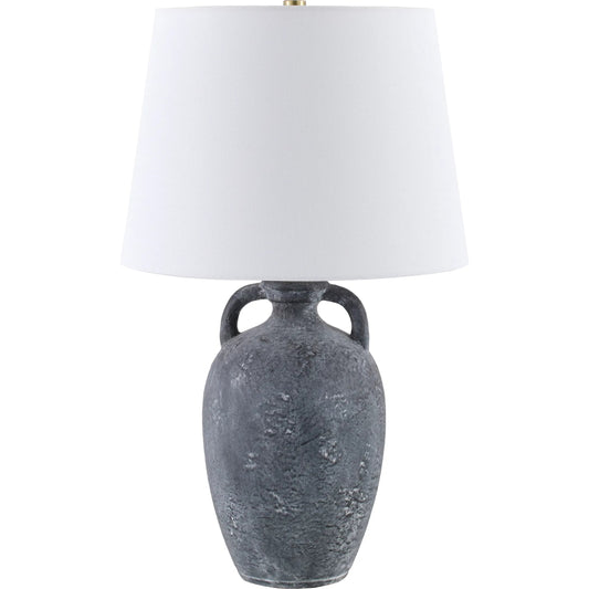 Dippy Accent Table Lamp by Livabliss in body: black; shade: white; finial: metallic - nickel; harp: metallic - nickel; cord: translucent and coloredplated. Made from ceramic, linen, polyester, iron in a modern style.