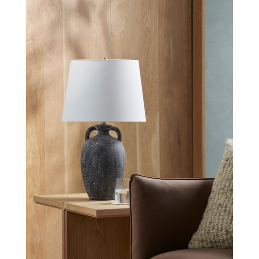 Dippy Accent Table Lamp by Livabliss in body: black; shade: white; finial: metallic - nickel; harp: metallic - nickel; cord: translucent and coloredplated. Made from ceramic, linen, polyester, iron in a modern style.
