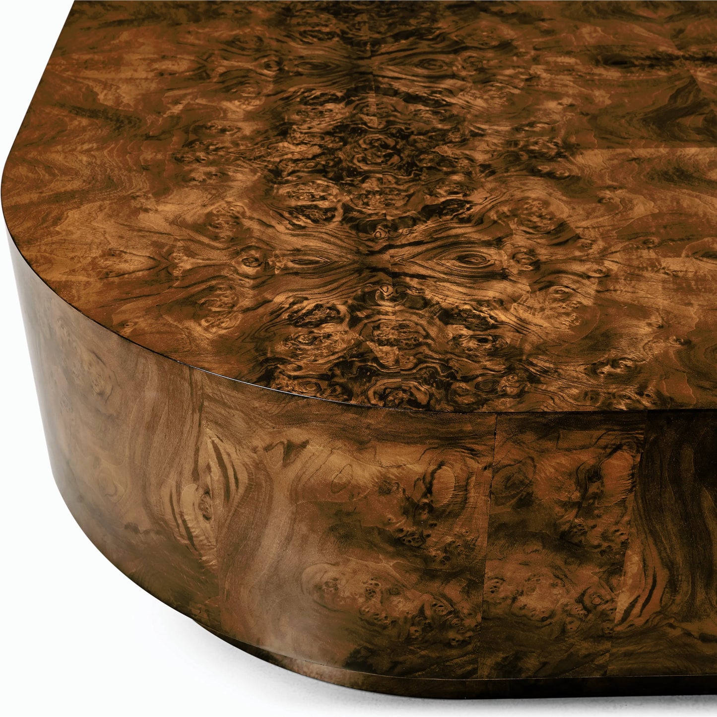 008 SI-2186353 | Closeup | Jacques Radius Cocktail Table by Jonathan Charles in brown and walnut burl. Made from book match walnut burl veneer in a modern style.