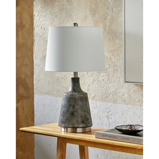 Delridge Table Lamp - 31032 by Surya in charcoal, ivory, translucent, metallic nickel, white and brushedpaintedplated. Made from shade (outside): linen, shade (inside): polyester, base: metal, finial: iron, finial: metal, harp:
