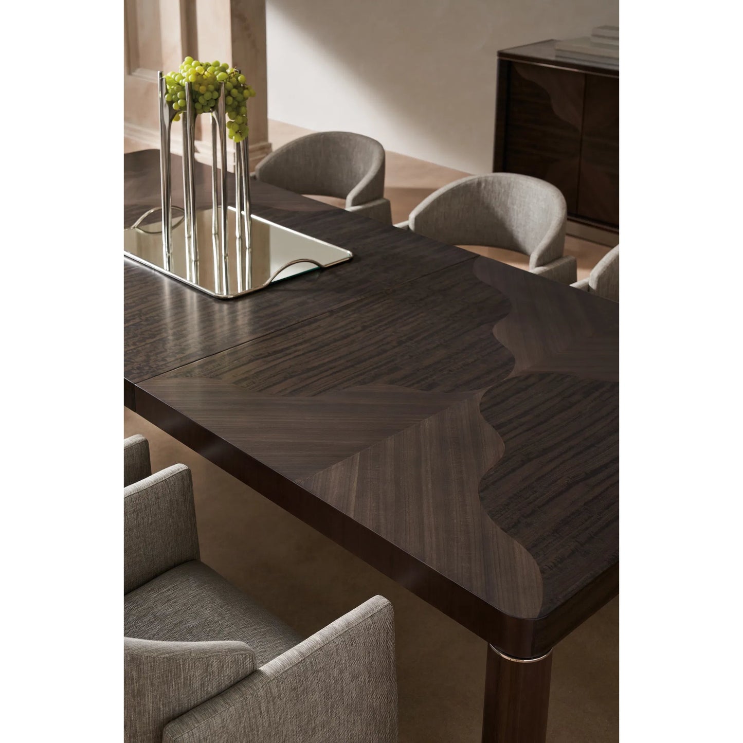 003 SI-2162884 | Lifestyle | Mirror Image Dining Table by Caracole in silver and otter, walrus, polished silver. Made from asian hardwood, dyed eucalyptus, dyed tupelo in a traditional style.