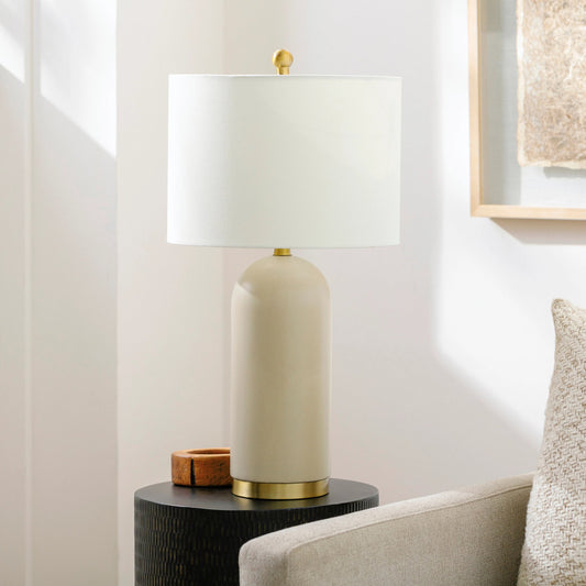 Darius - 492680 by Surya in beige, gold, translucent, metallic nickel, white and brushedglazedplated. Made from body: ceramic, base: metal, shade (outside): linen, shade (inside): polyester, finial: metal in a modern style.