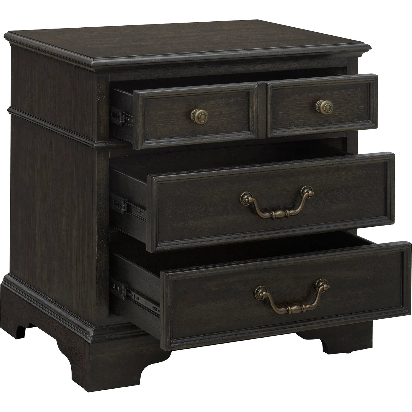 003 SI-2383573 | Additional Silo | Hickory Creek 3 Drawer Nightstand by Pulaski Furniture in brown velvet. Made from split heart cathedral hickory veneers in a unique style.